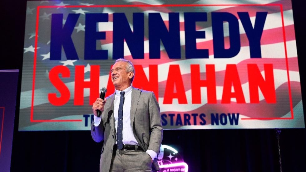 Independent presidential candidate Robert F. Kennedy Jr. speaks to supporters during a campaign event